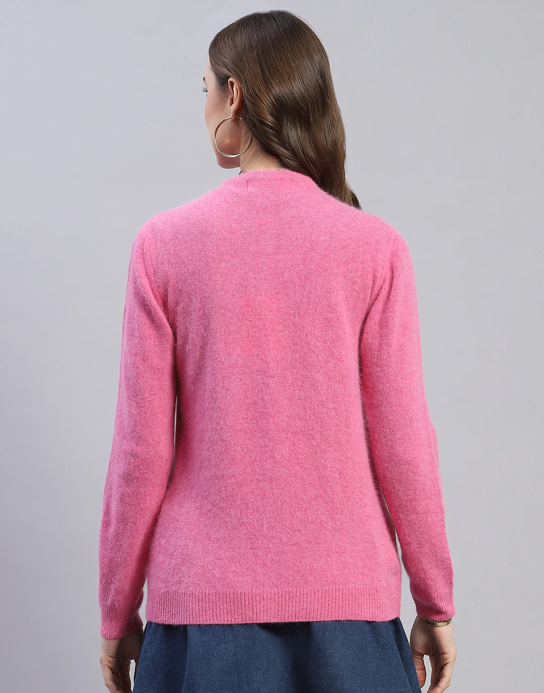 Women Pink Solid Round Neck Full Sleeve Cardigan - Image 6