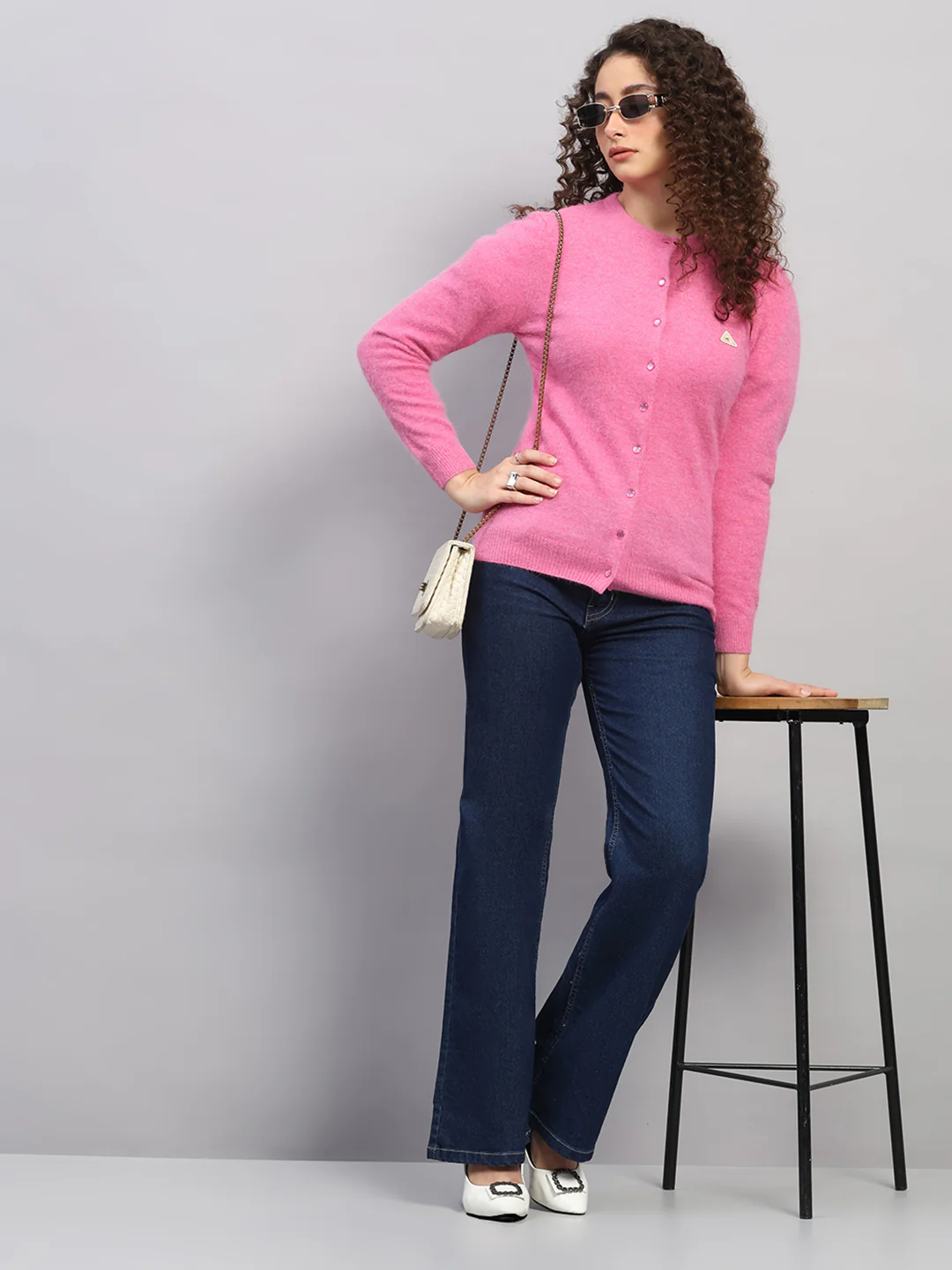 Women Pink Solid Round Neck Full Sleeve Cardigan - Image 2