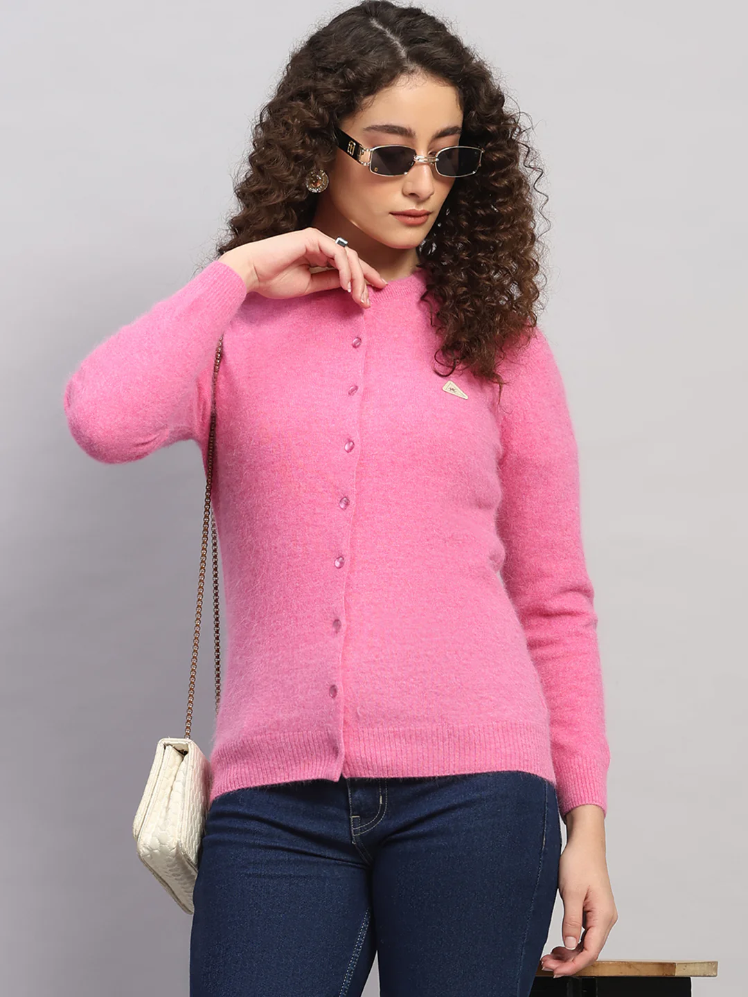Women Pink Solid Round Neck Full Sleeve Cardigan - Image 6