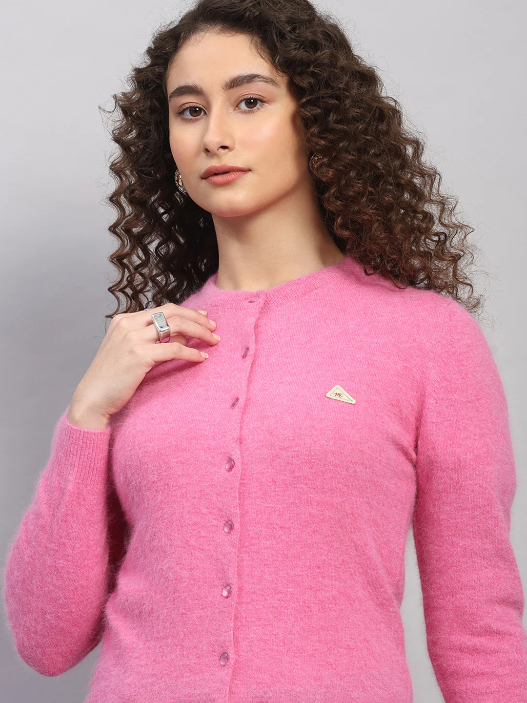 Women Pink Solid Round Neck Full Sleeve Cardigan - Image 7
