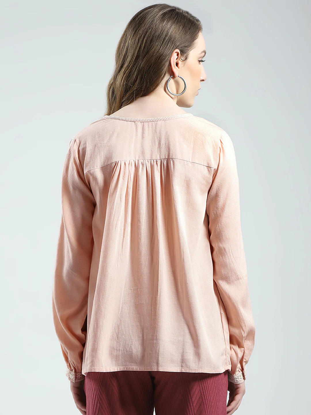 Women Pink Solid Round Neck Full Sleeve Top - Image 5