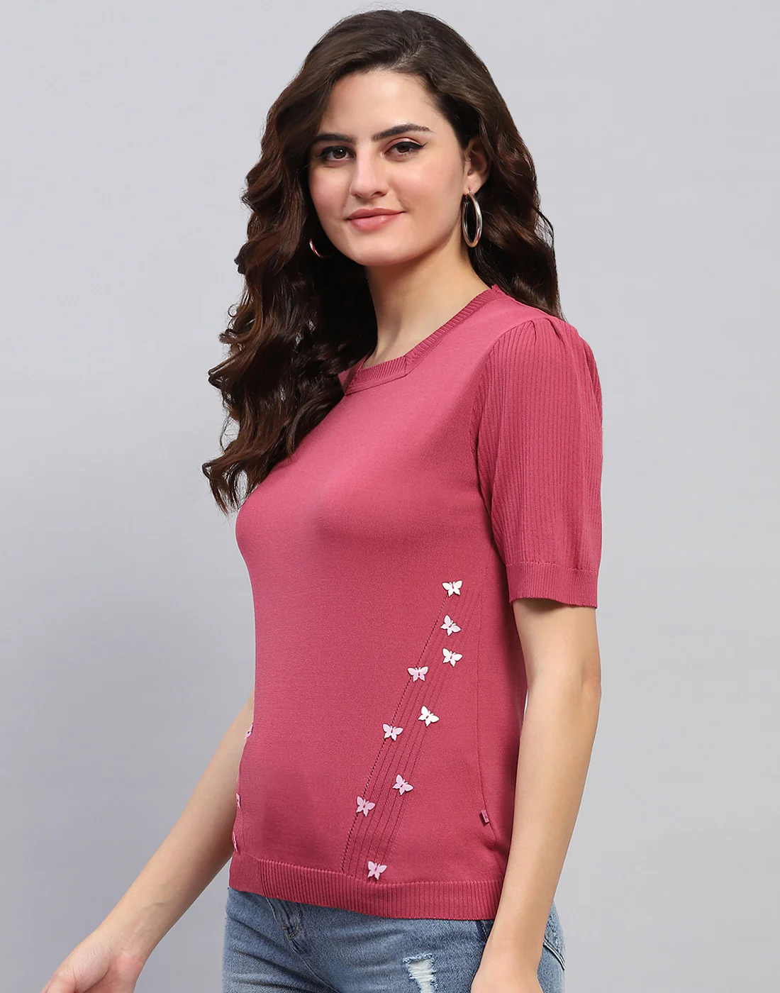 Women Pink Solid Round Neck Half Sleeve Top - Image 3