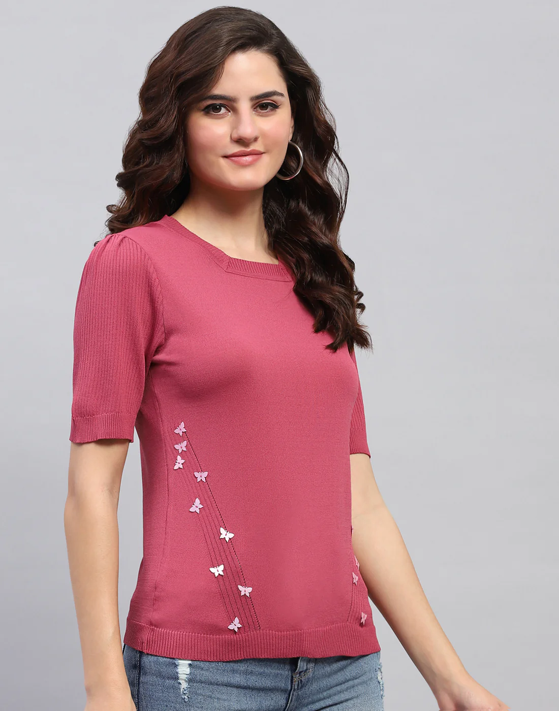 Women Pink Solid Round Neck Half Sleeve Top - Image 4