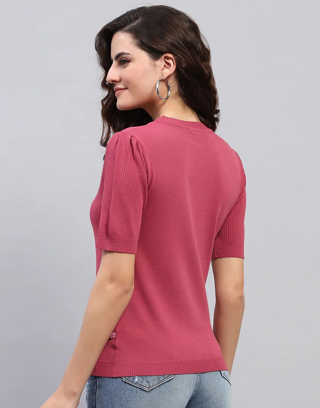 Women Pink Solid Round Neck Half Sleeve Top - Image 5
