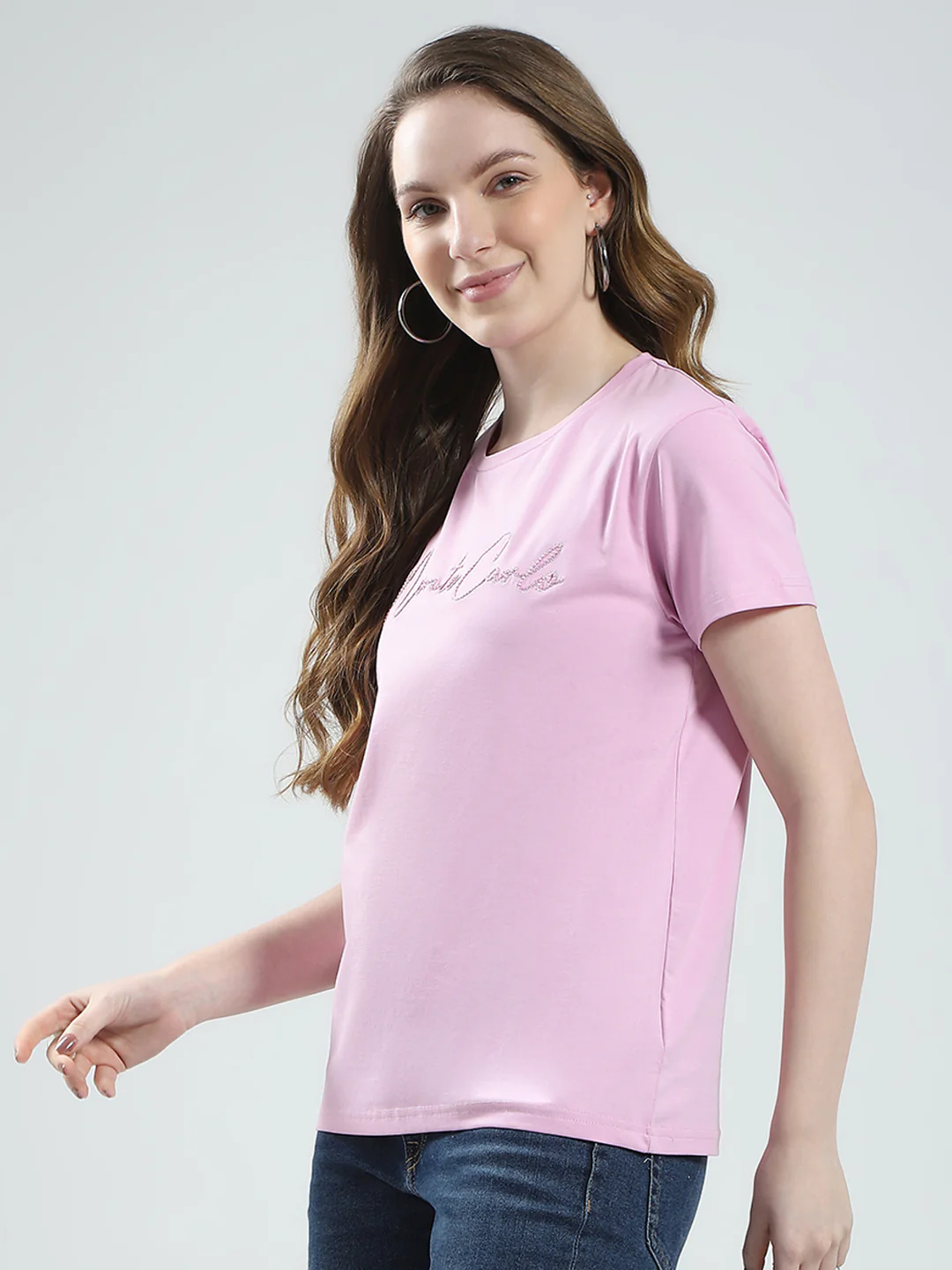 Women Pink Solid Round Neck Half Sleeve Top - Image 3