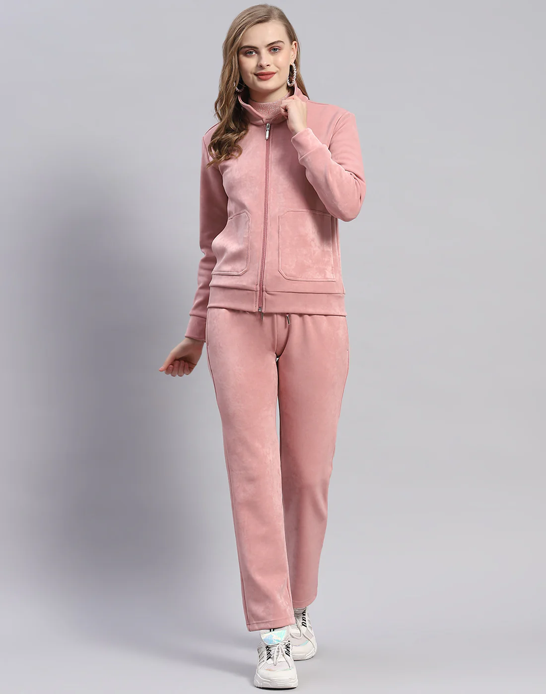 Women Pink Solid Stand Collar Full Sleeve Cords Set - Image 2