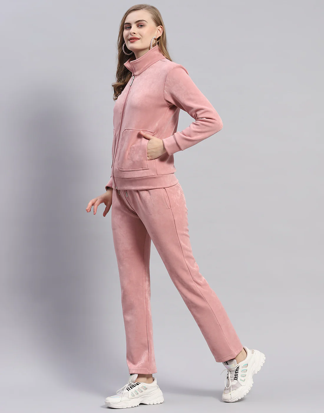 Women Pink Solid Stand Collar Full Sleeve Cords Set - Image 3