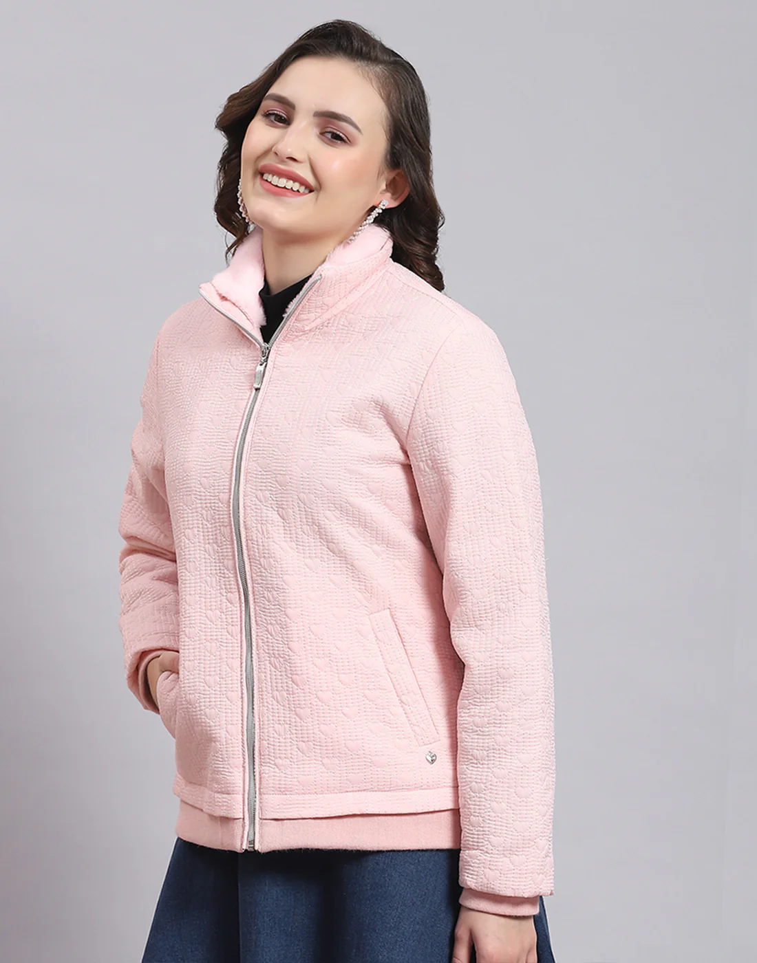 Women Pink Solid Stand Collar Full Sleeve Jacket - Image 4