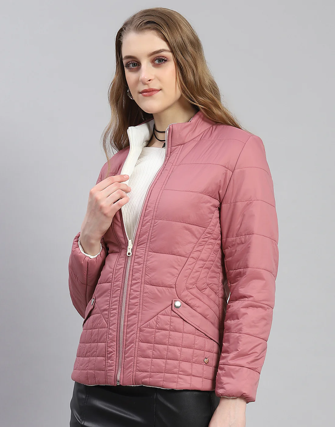 Women Pink Solid Stand Collar Full Sleeve Jacket - Image 3