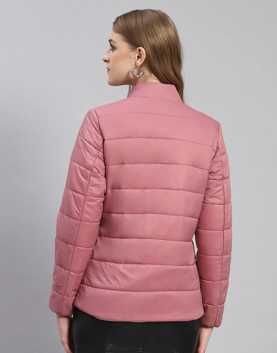 Women Pink Solid Stand Collar Full Sleeve Jacket - Image 5