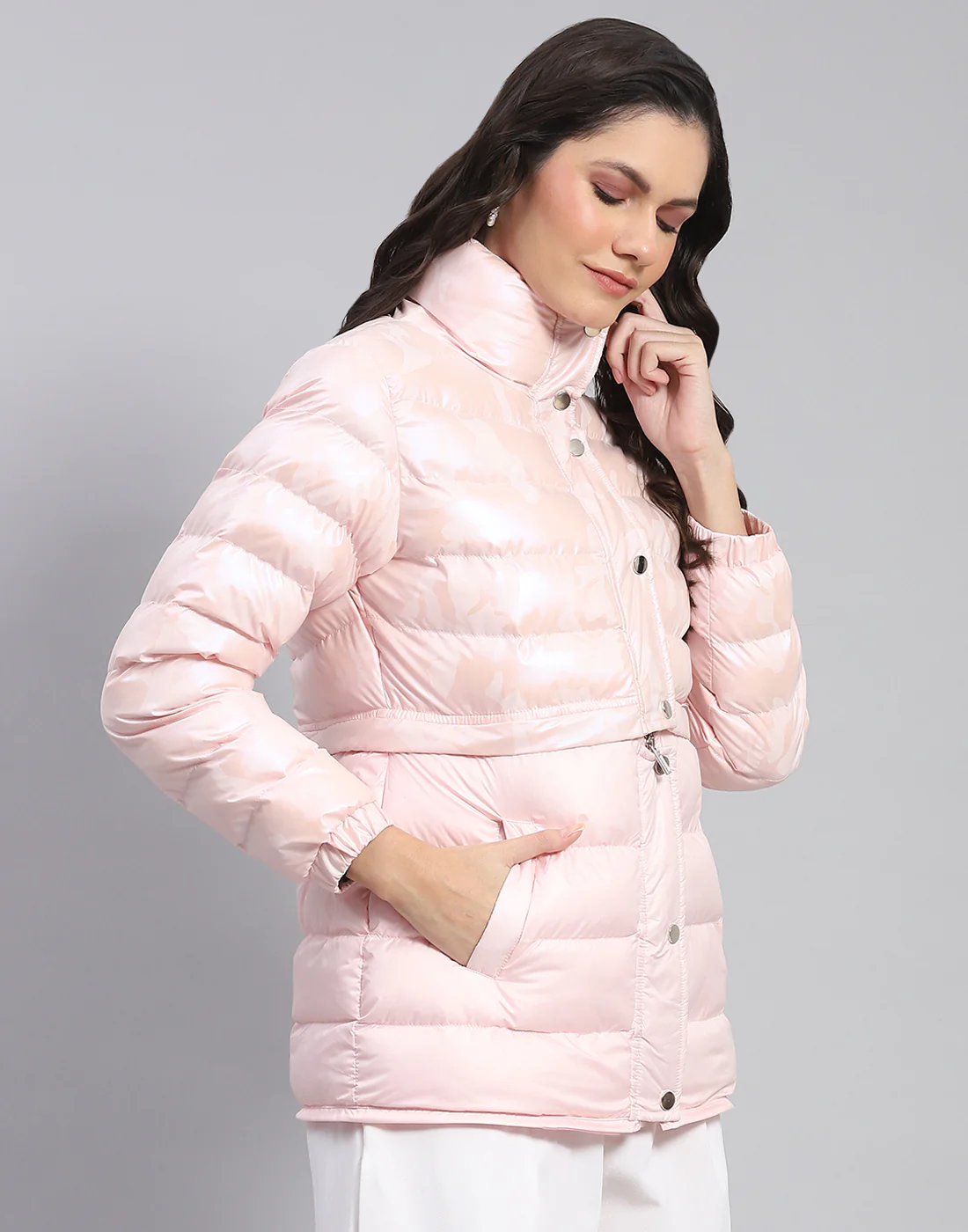 Women Pink Solid Stand Collar Full Sleeve Jacket - Image 7