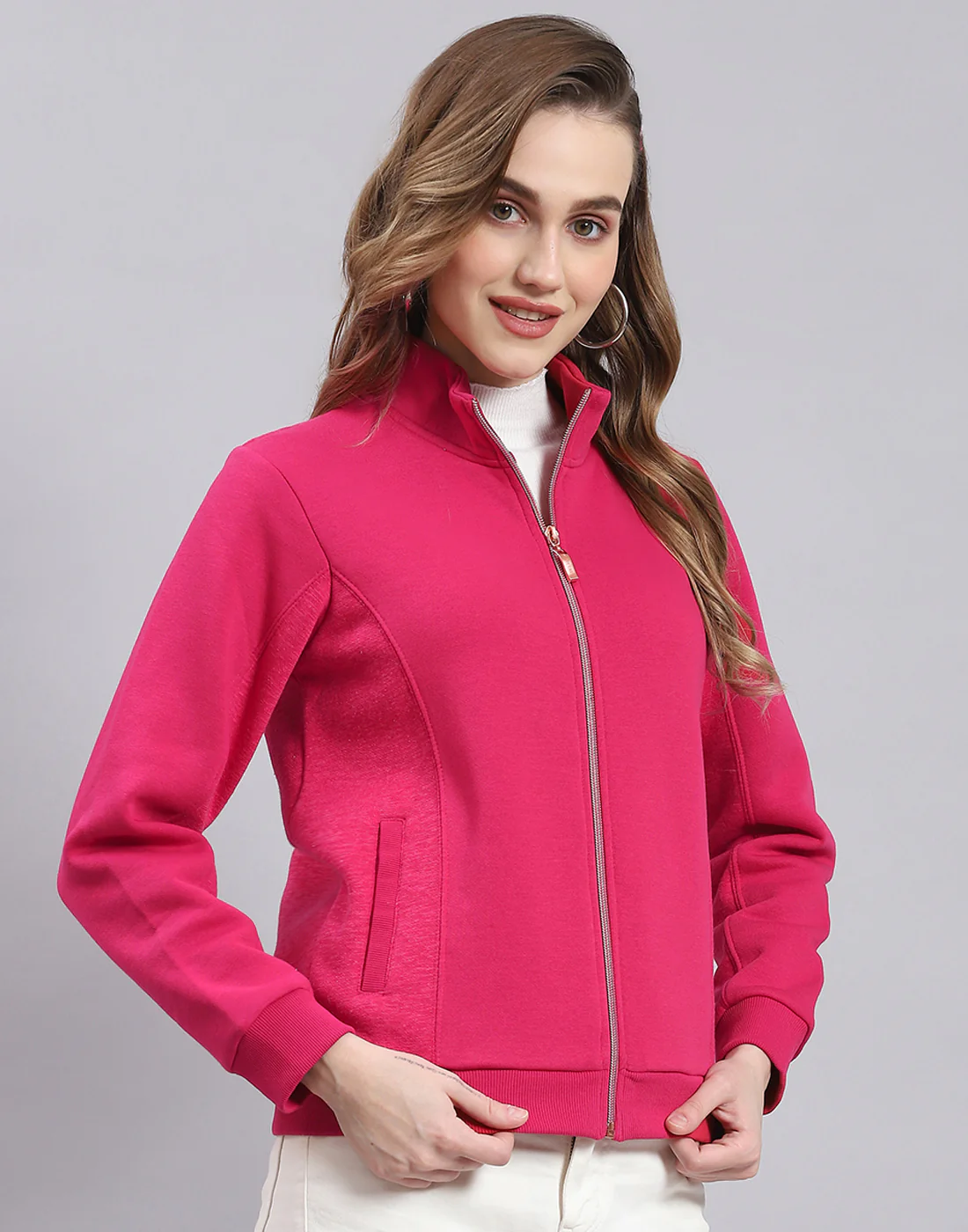Women Pink Solid Stand Collar Full Sleeve Sweatshirt - Image 4