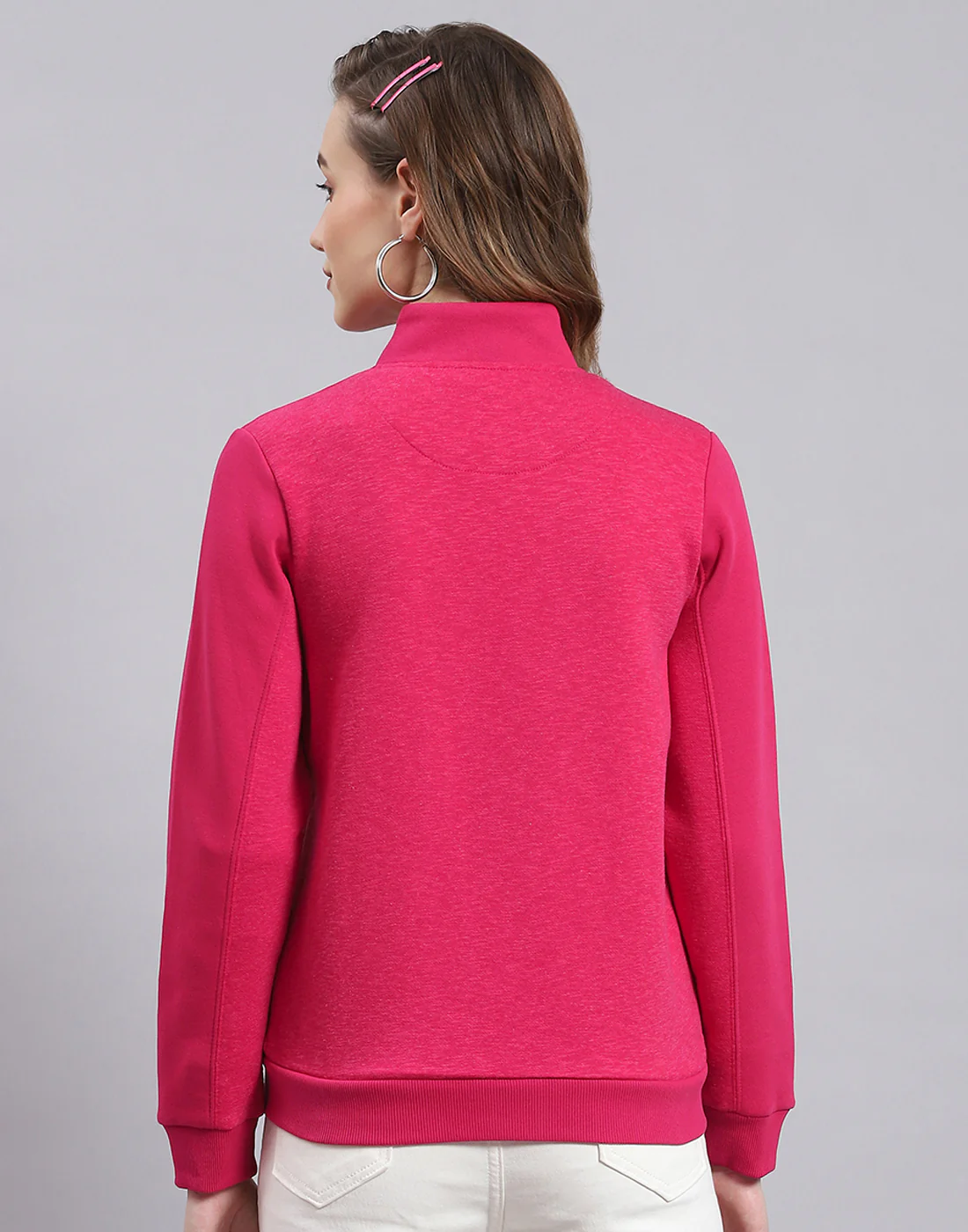 Women Pink Solid Stand Collar Full Sleeve Sweatshirt - Image 5