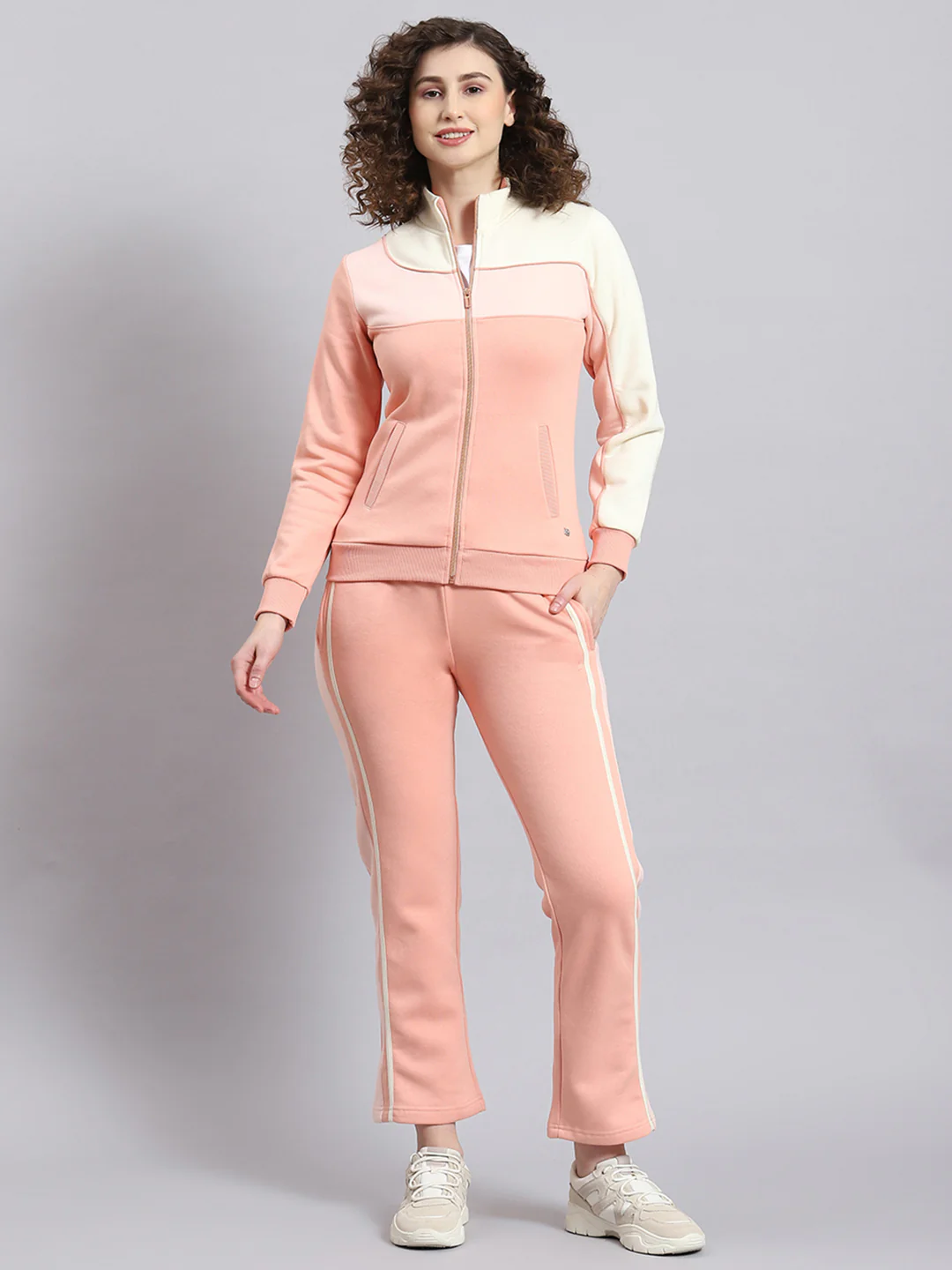 Women Pink Solid Stand Collar Full Sleeve Tracksuit - Image 2