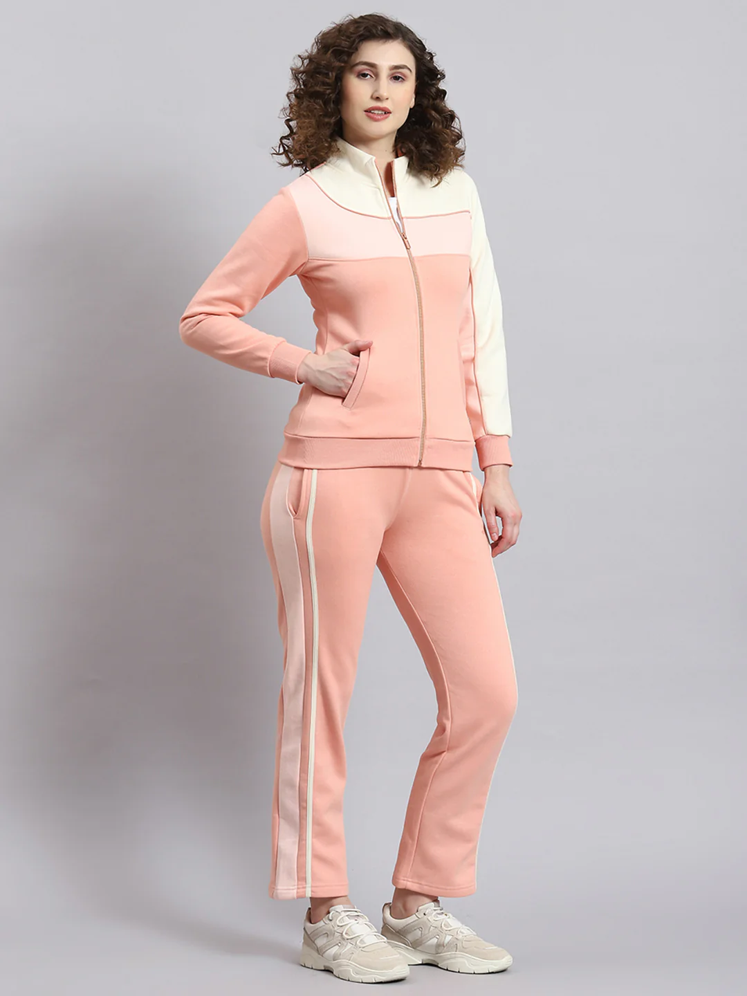 Women Pink Solid Stand Collar Full Sleeve Tracksuit - Image 4