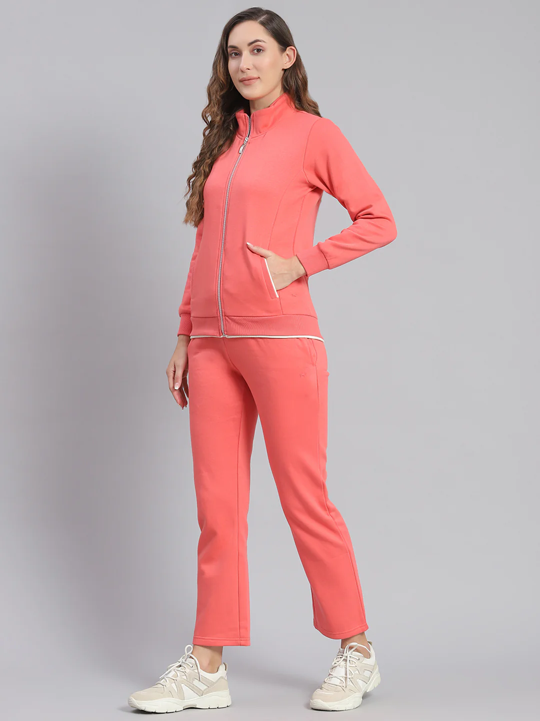 Women Pink Solid Stand Collar Full Sleeve Tracksuits - Image 3