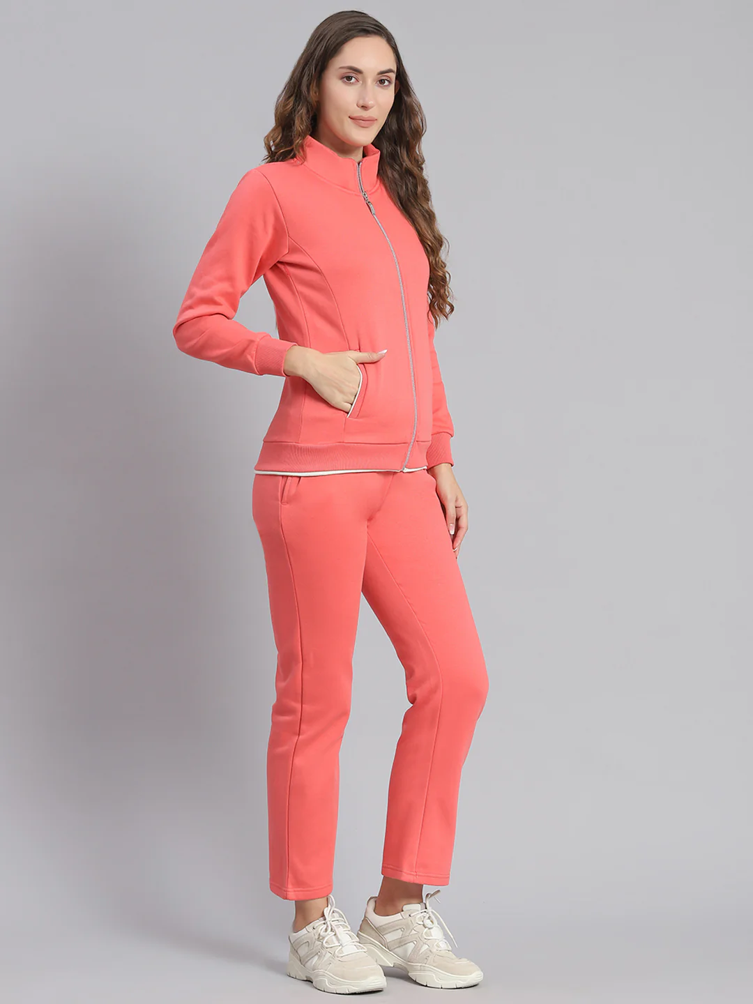 Women Pink Solid Stand Collar Full Sleeve Tracksuits - Image 4