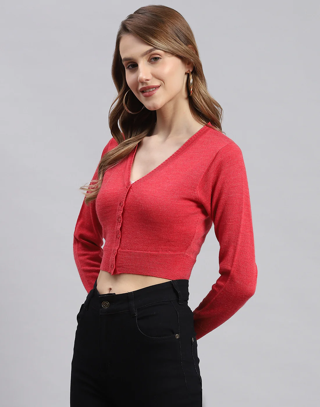 Women Pink Solid V Neck Full Sleeve Blouse - Image 2