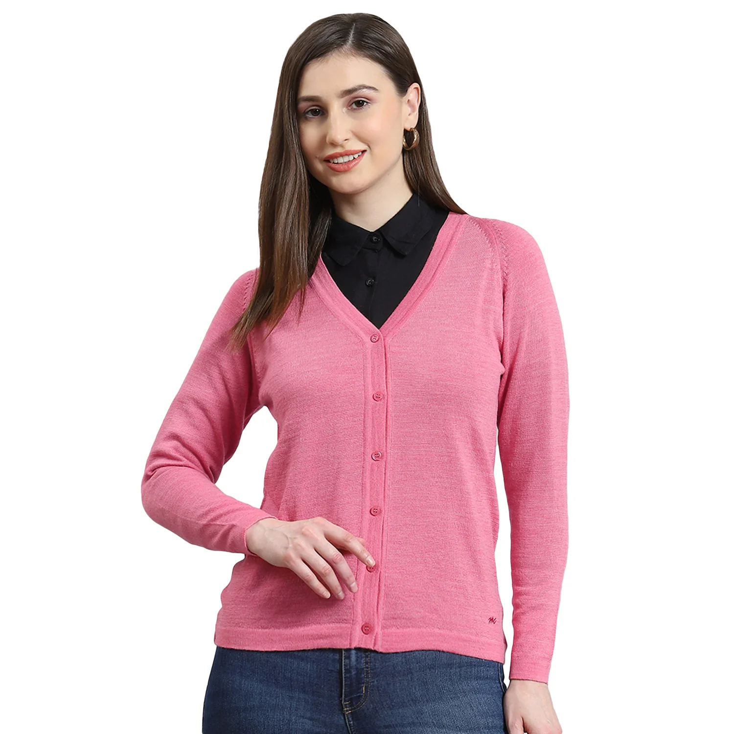 Women Pink Solid V Neck Full Sleeve Cardigan - Image 5