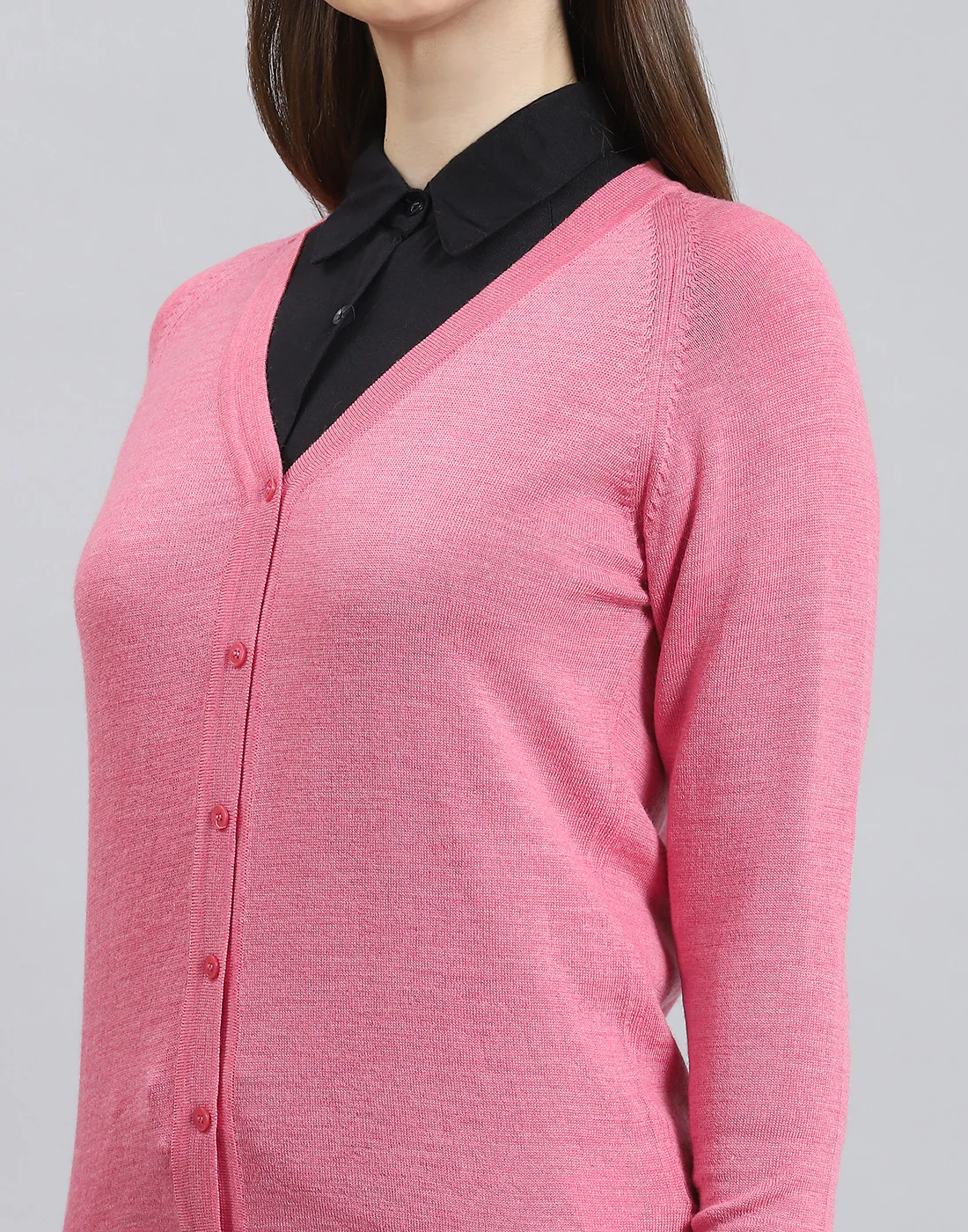 Women Pink Solid V Neck Full Sleeve Cardigan - Image 7