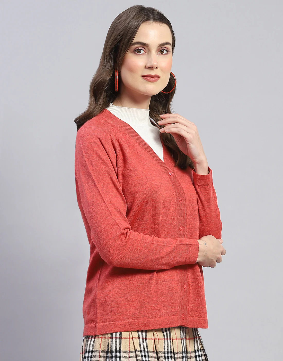 Women Pink Solid V Neck Full Sleeve Cardigan - Image 4