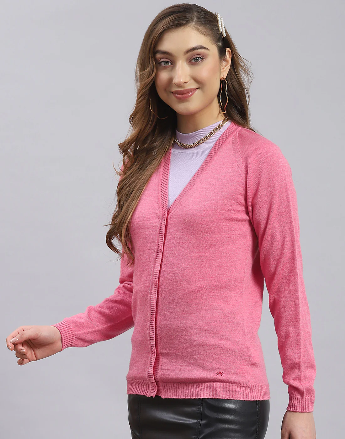 Women Pink Solid V Neck Full Sleeve Cardigan - Image 3