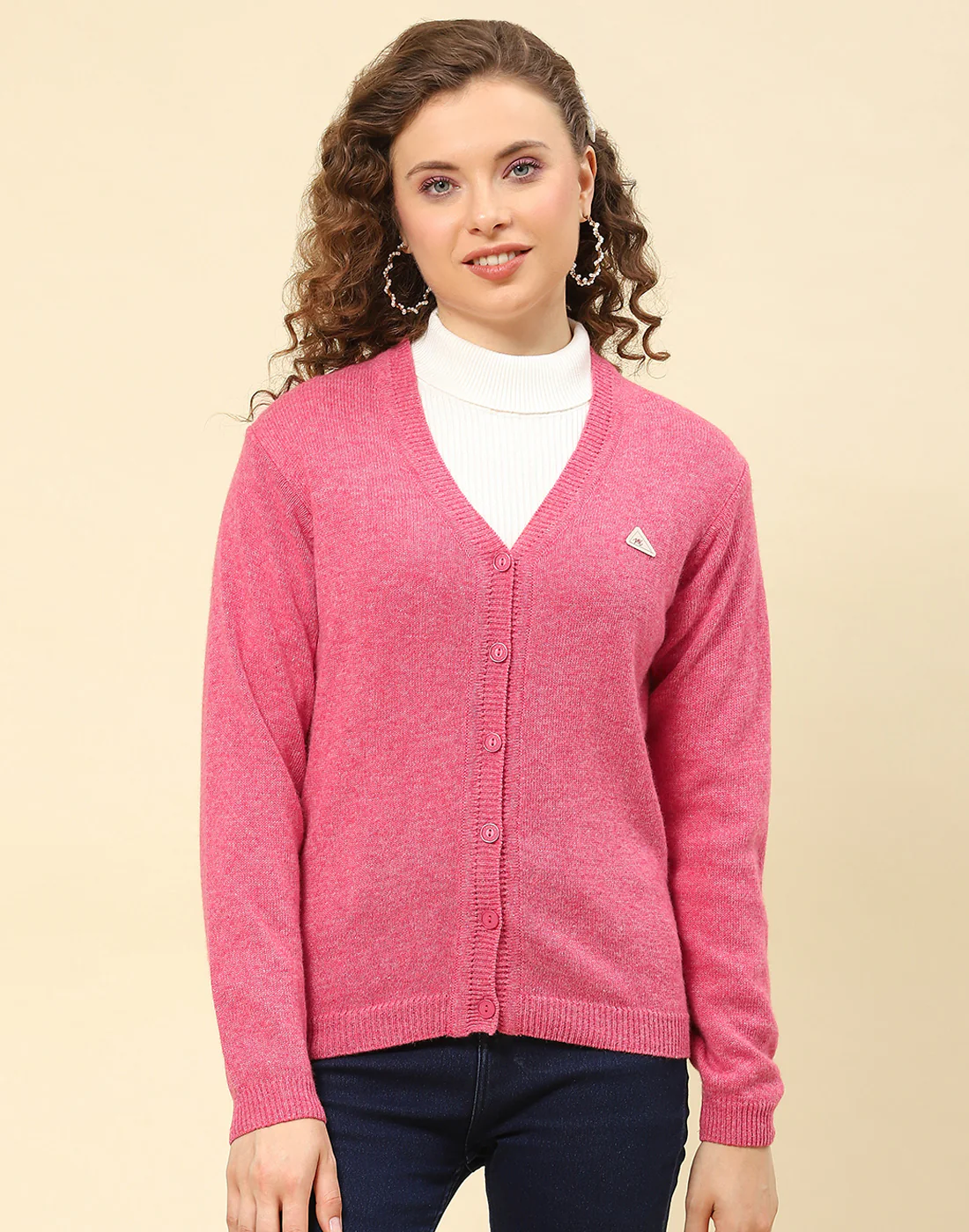 Women Pink Solid V Neck Full Sleeve Cardigan - Image 2