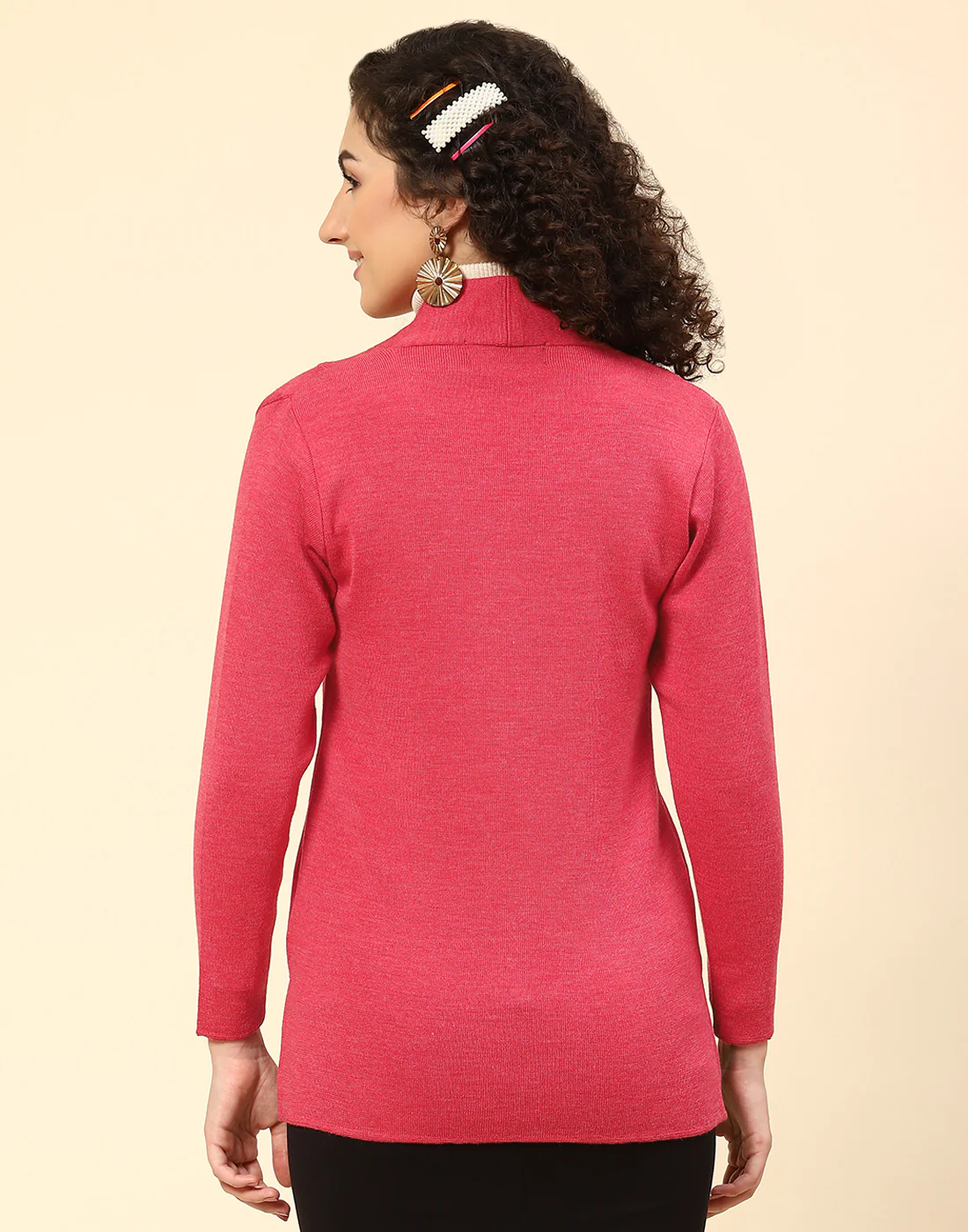 Women Pink Solid V Neck Full Sleeve Cardigan - Image 5