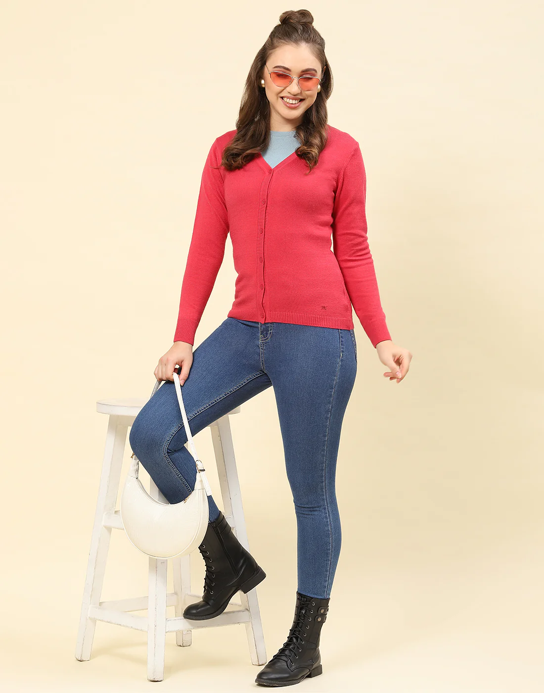 Women Pink Solid V Neck Full Sleeve Cardigan - Image 2