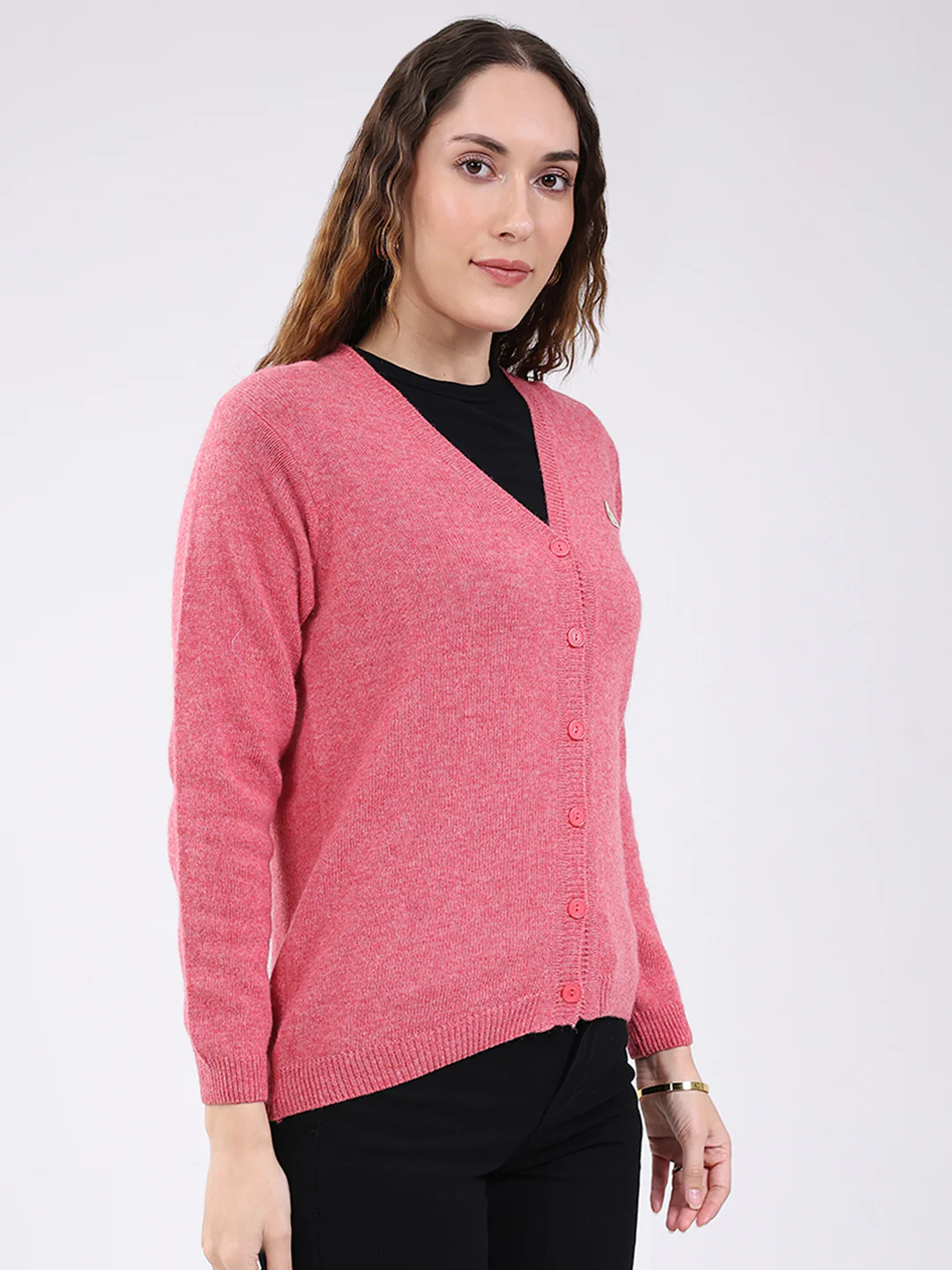 Women Pink Solid V Neck Full Sleeve Cardigan - Image 4