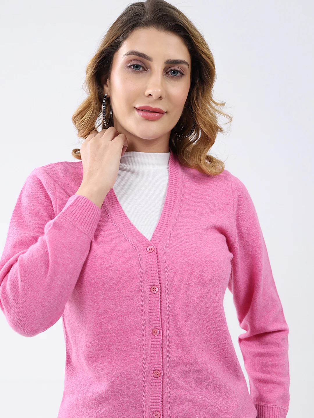 Women Pink Solid V Neck Full Sleeve Cardigan - Image 7