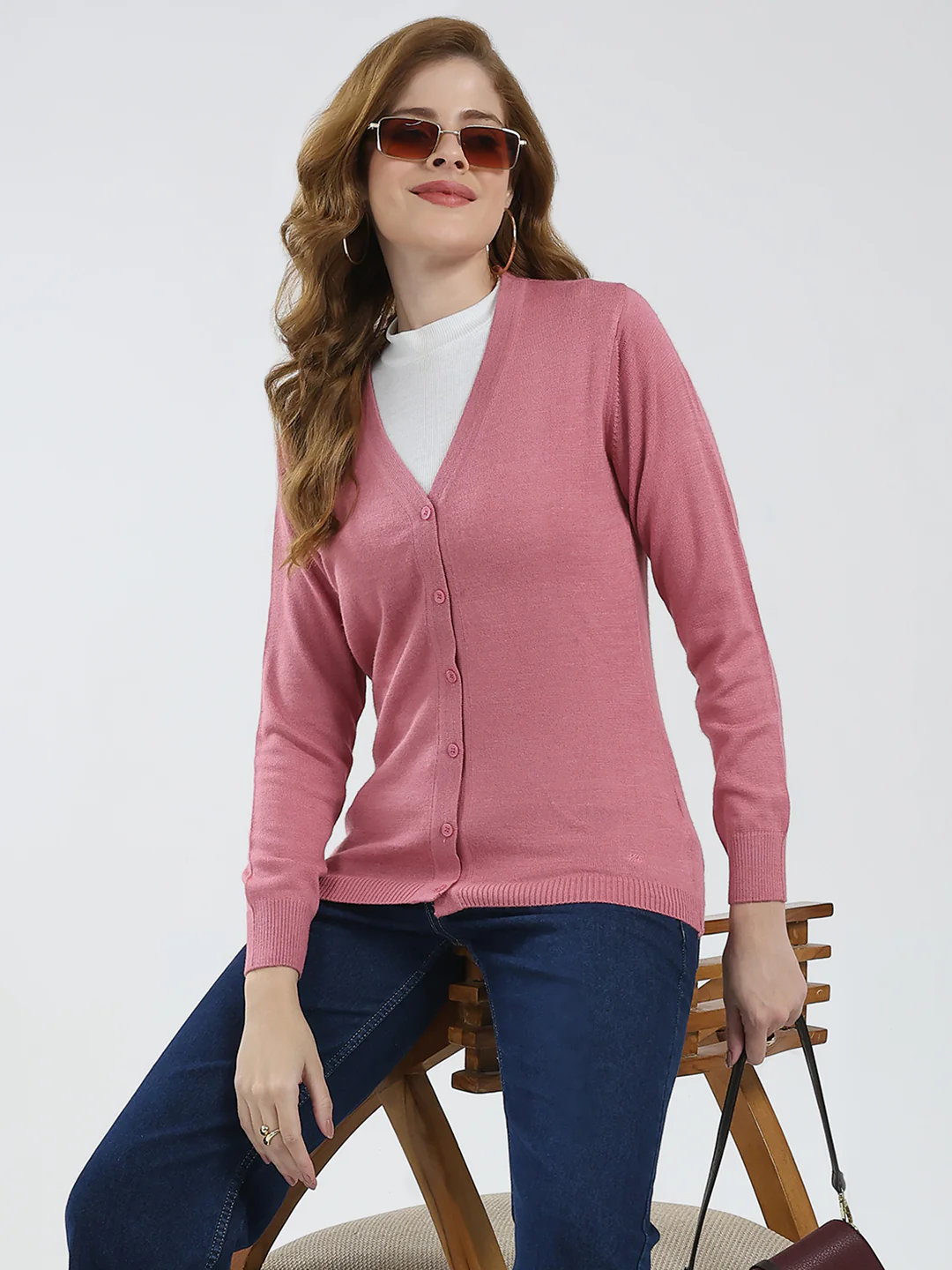 Women Pink Solid V Neck Full Sleeve Cardigan - Image 6