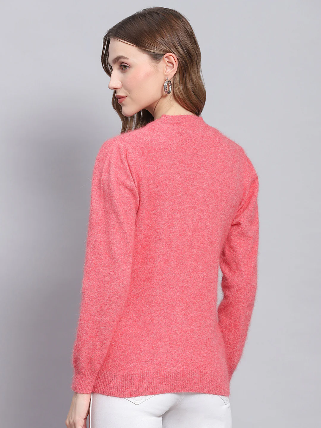 Women Pink Solid V Neck Full Sleeve Cardigans - Image 5