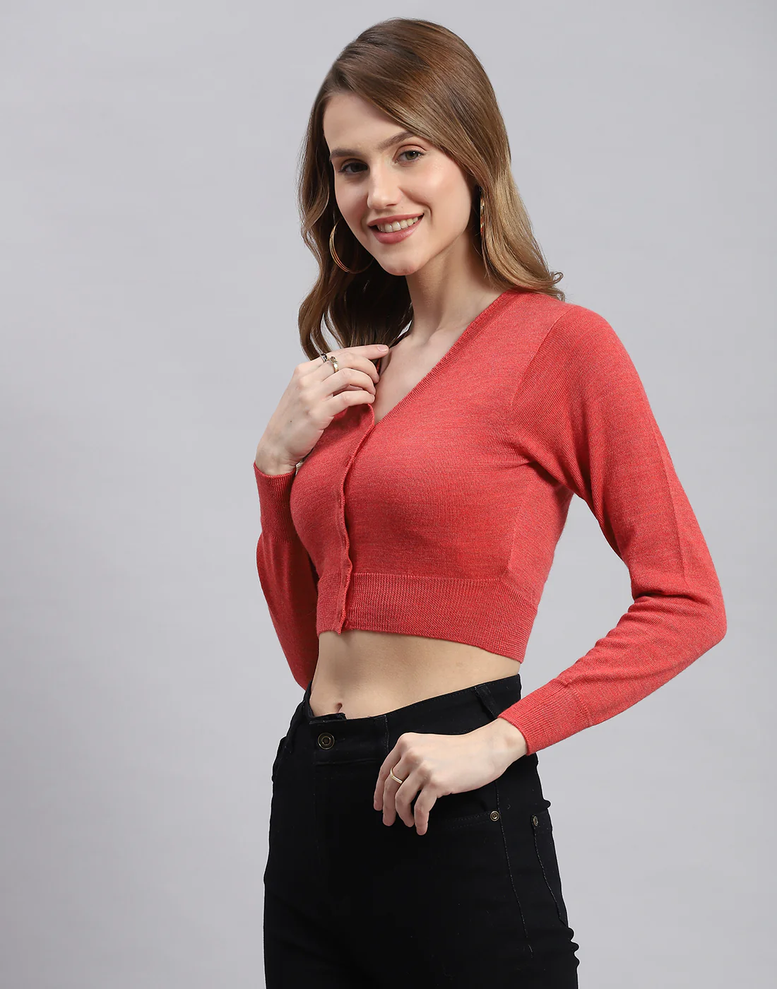 Women Pink Solid V Neck Full Sleeve Sweater - Image 4