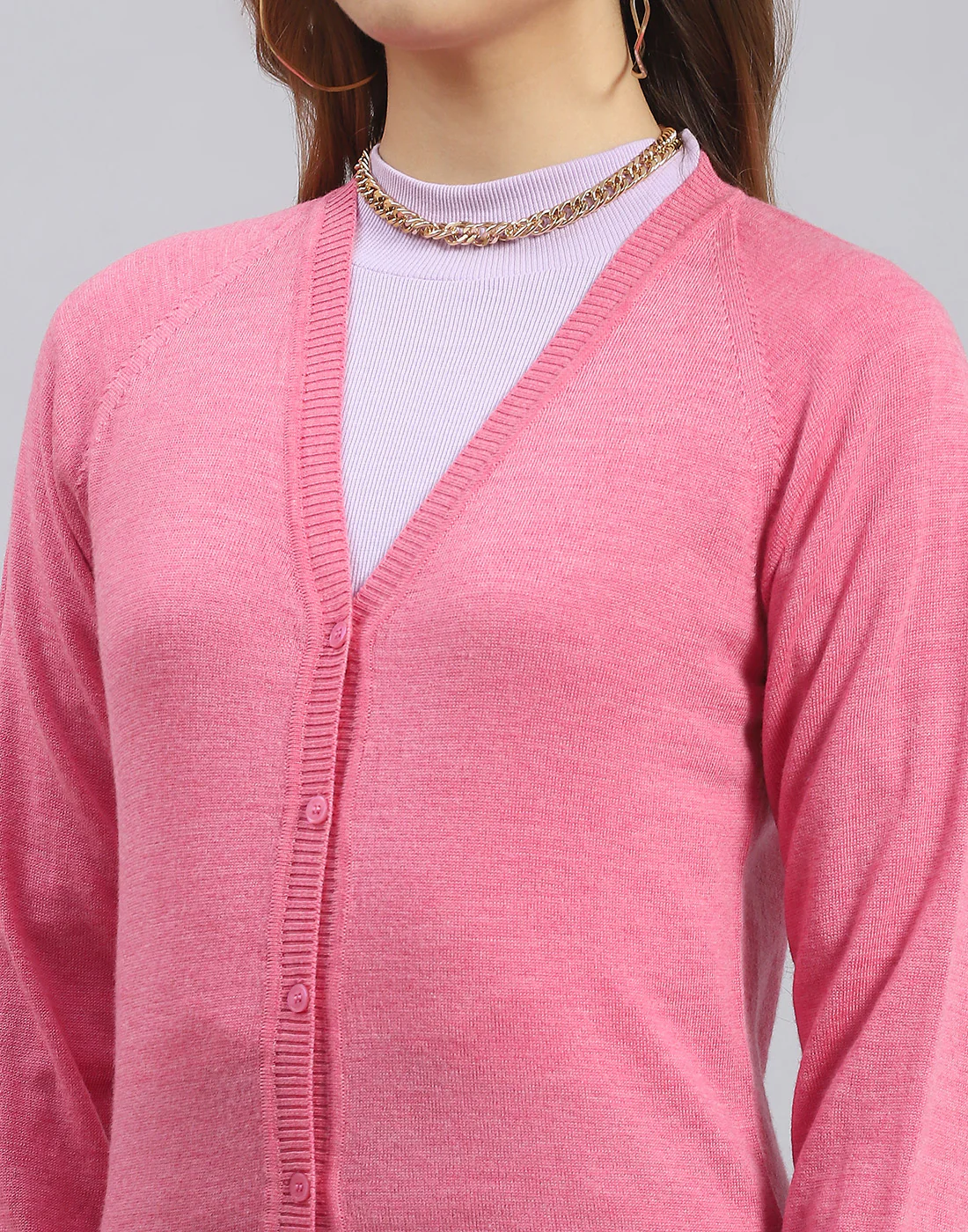 Women Pink Solid V Neck Full Sleeve Sweater - Image 6