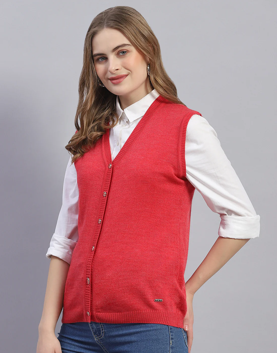 Women Pink Solid V Neck Sleeveless Cardigan - Image 3