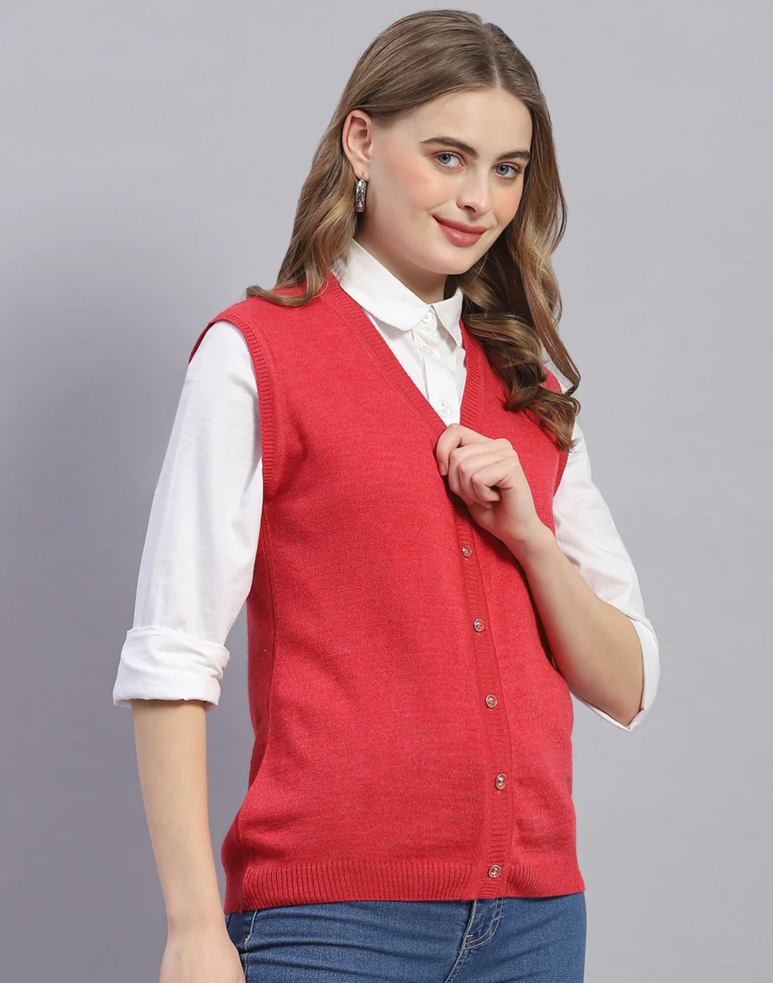 Women Pink Solid V Neck Sleeveless Cardigan - Image 4