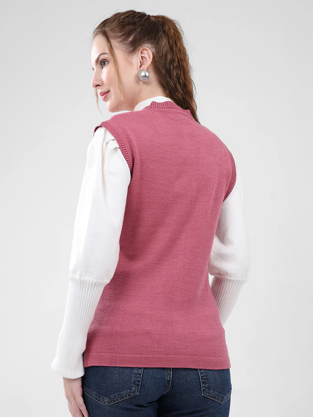 Women Pink Solid V Neck Sleeveless Cardigan - Image 5