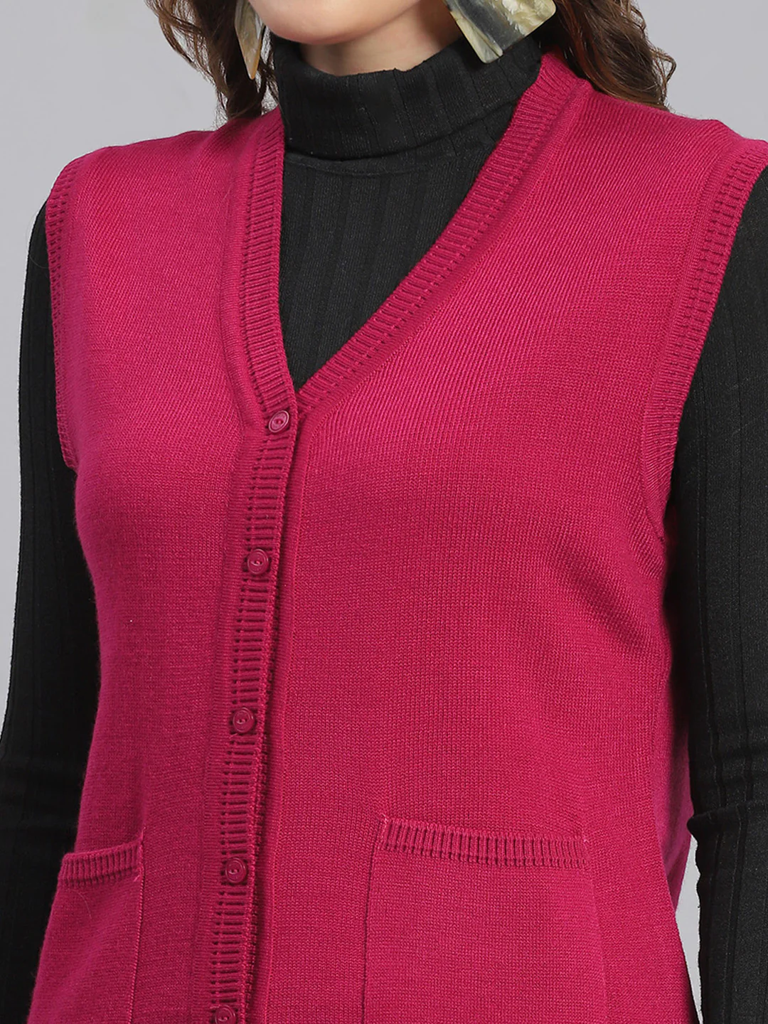 Women Pink Solid V Neck Sleeveless Cardigans - Image 6