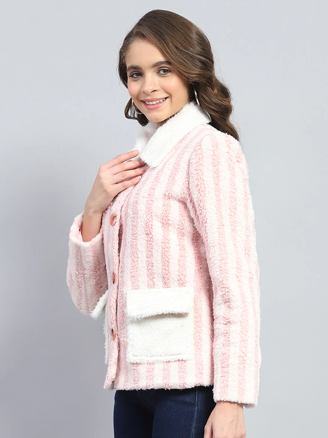 Women Pink Stripe Collar Full Sleeve Jacket - Image 3