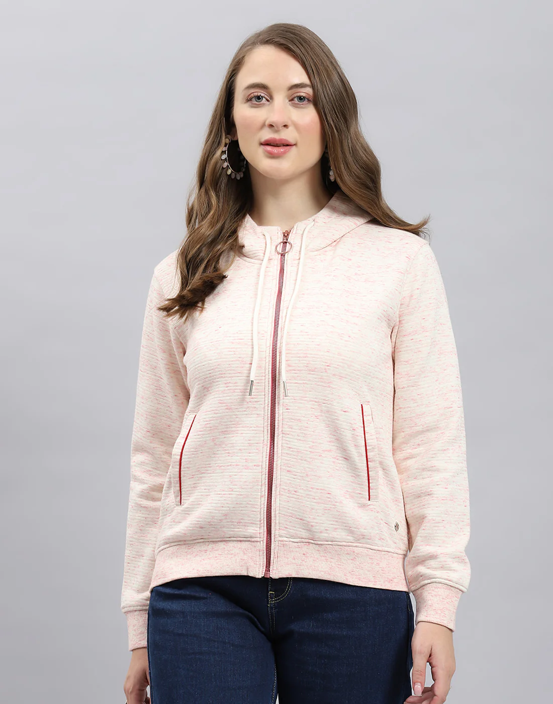 Women Pink Stripe Hooded Full Sleeve Sweatshirt - Image 2