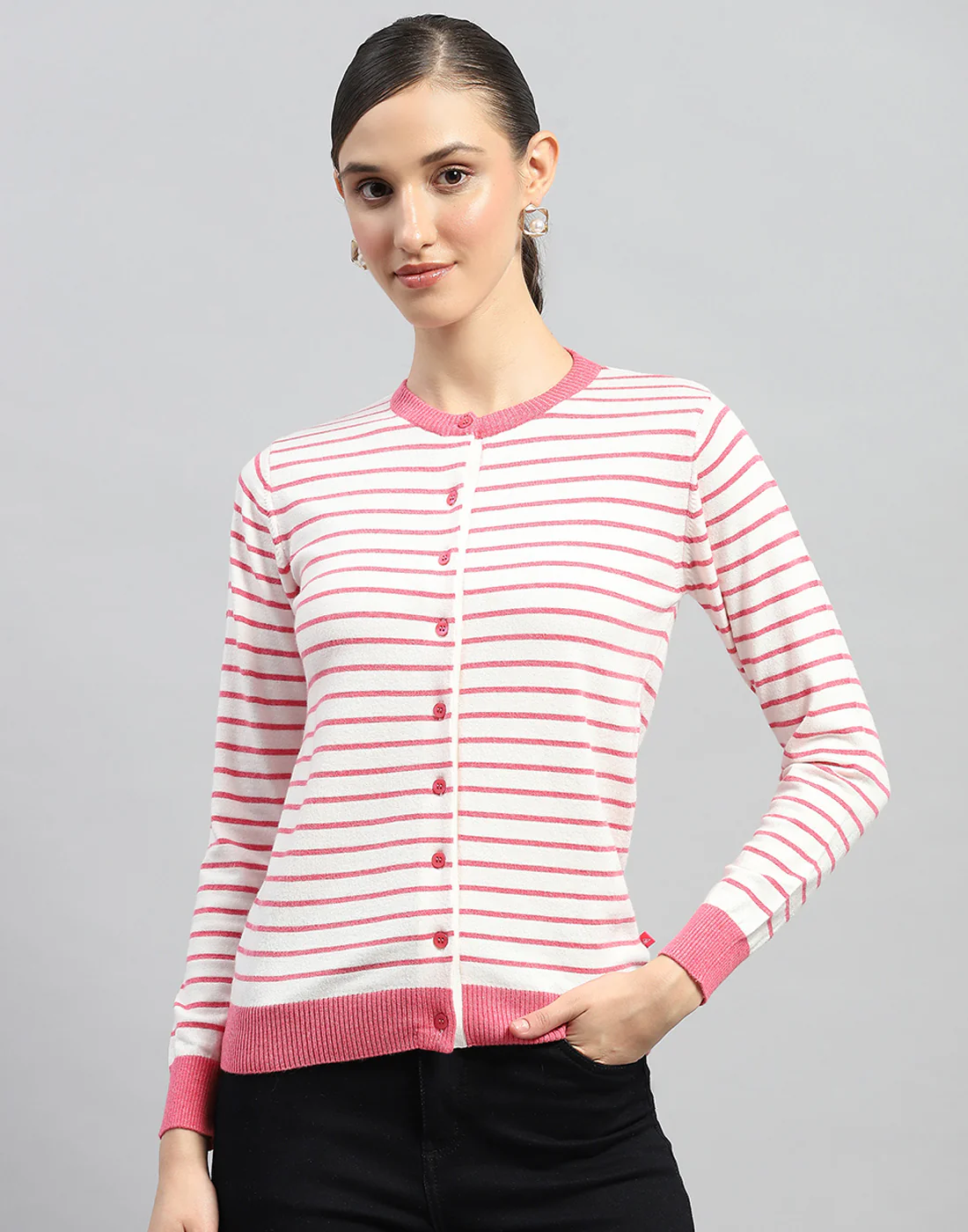 Women Pink Stripe Round Neck Full Sleeve Cardigan - Image 2