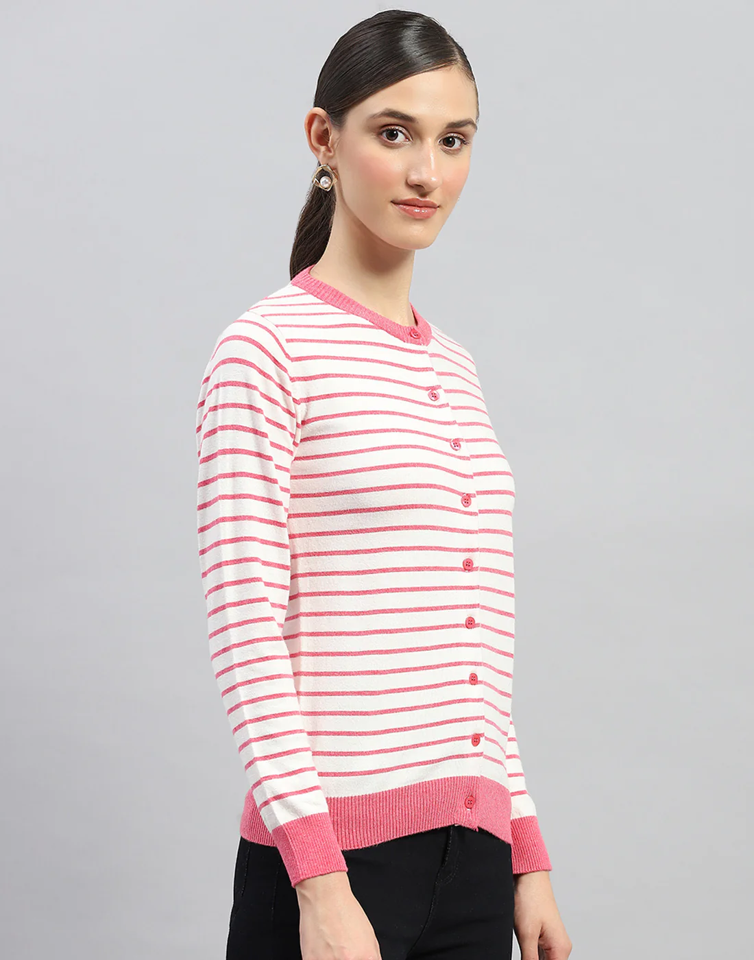 Women Pink Stripe Round Neck Full Sleeve Cardigan - Image 4