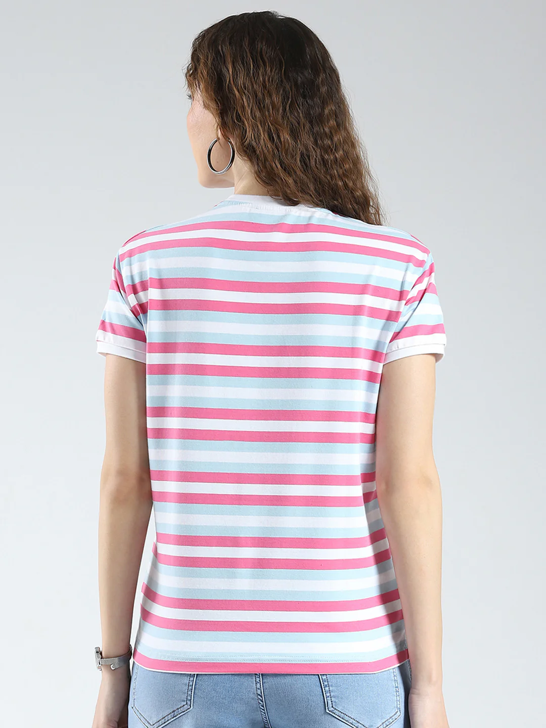 Women Pink Stripe Round Neck Half Sleeve Top - Image 5
