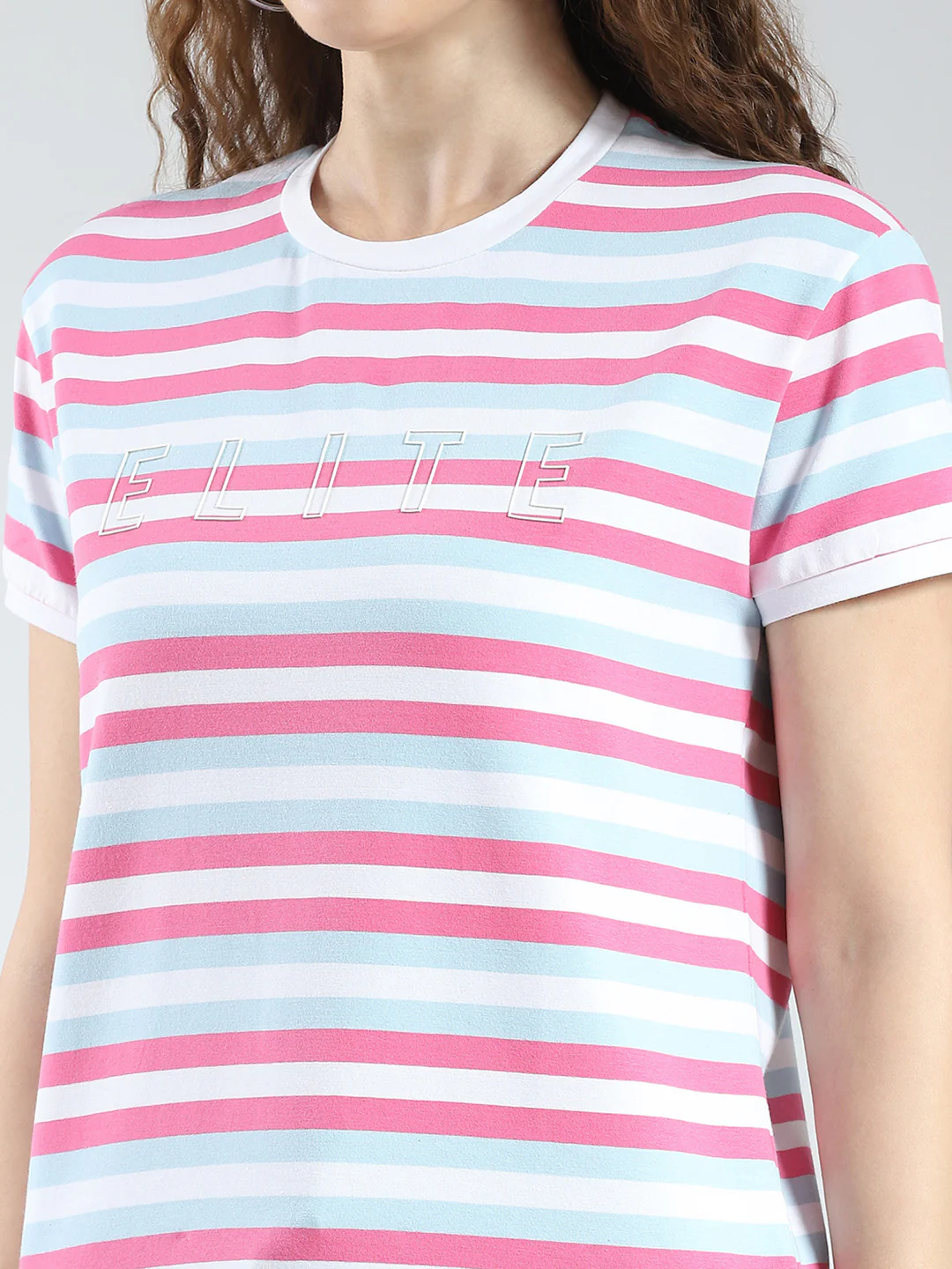 Women Pink Stripe Round Neck Half Sleeve Top - Image 7