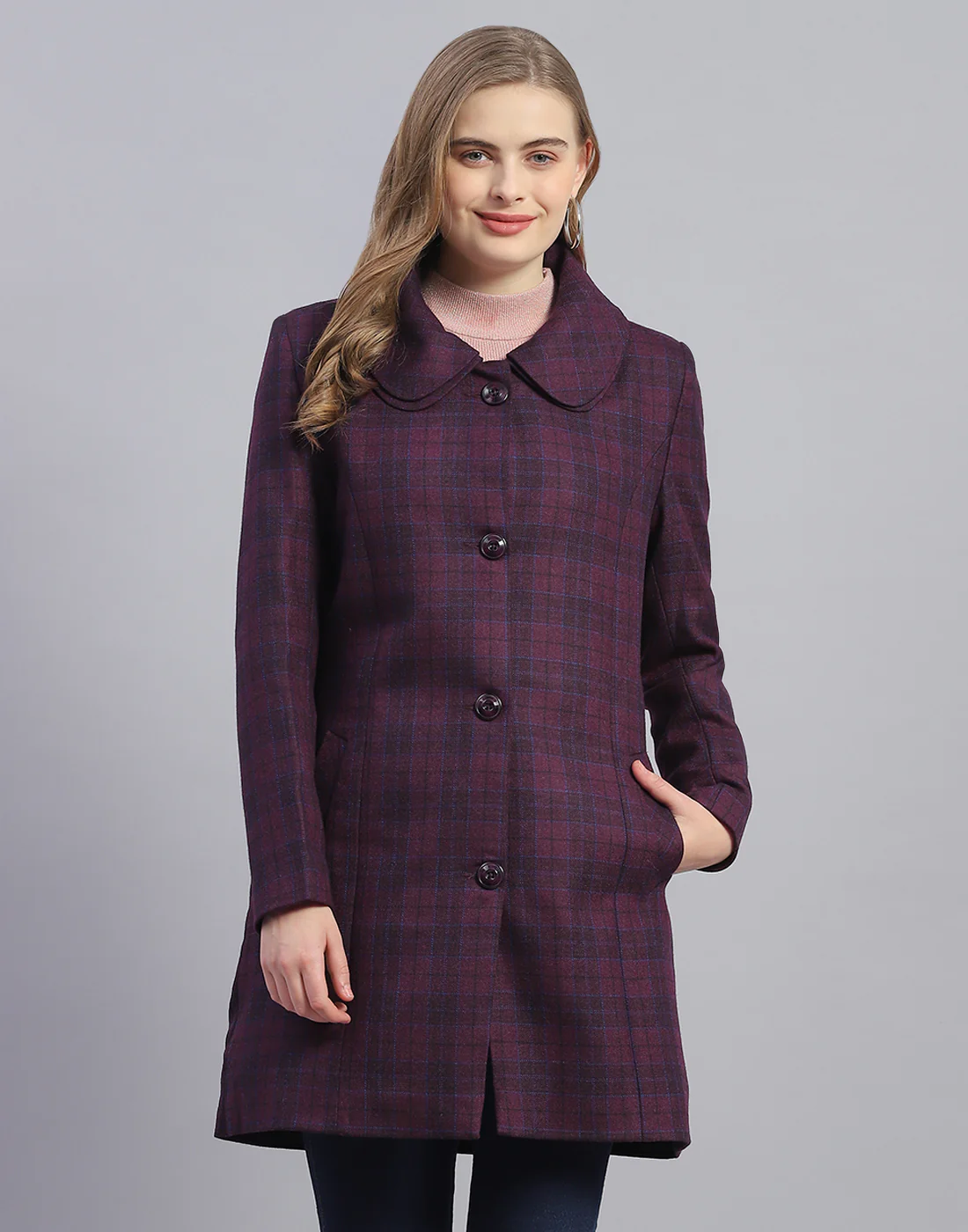 Women Purple Check Collar Full Sleeve Coat - Image 2