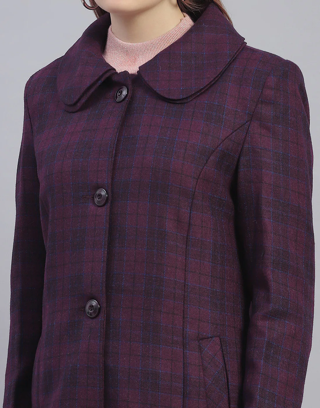 Women Purple Check Collar Full Sleeve Coat - Image 7
