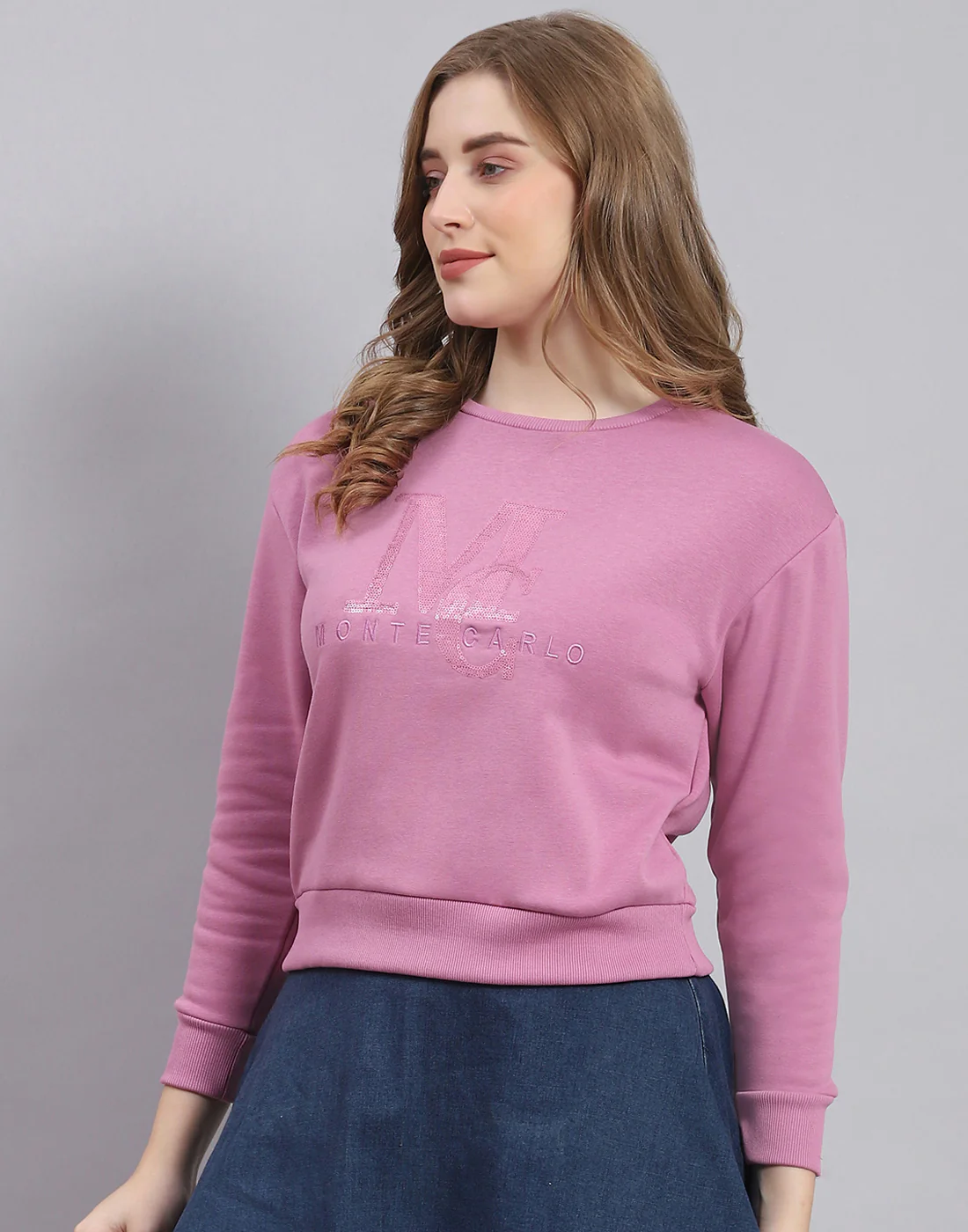 Women Purple Embellished Round Neck Full Sleeve Sweatshirt - Image 3
