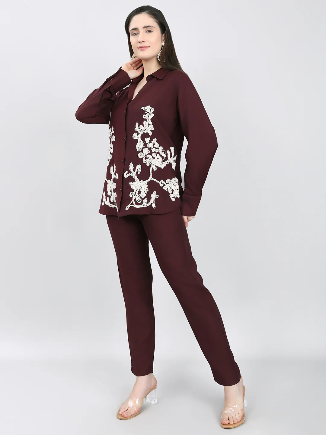 Women Purple Embroidered Collar Half Sleeve Cords Set - Image 2