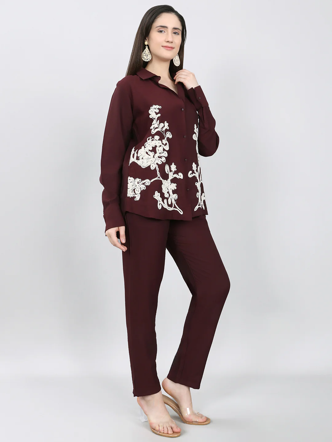 Women Purple Embroidered Collar Half Sleeve Cords Set - Image 3